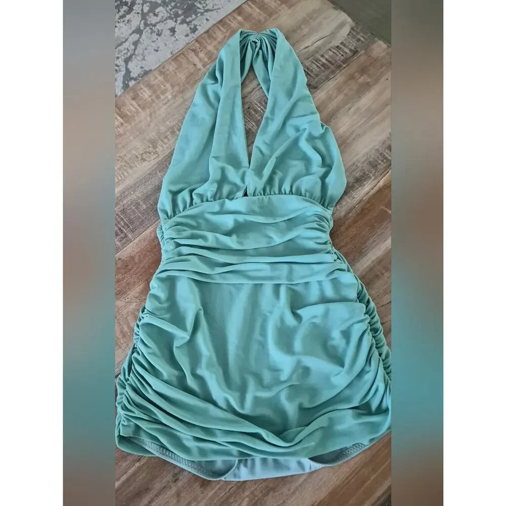 Norma Kamali Green Ruched Halterneck One-Piece Swimsuit Size S Slimming